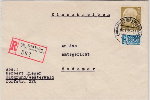 BRD - 70 Pfg. Heuss I, Einschreibebrief Frickhofen - Hadamar 1956