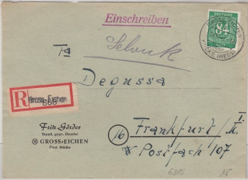 All.Bes./Kontrollrat - 84 Pfg. Arbeiter, Einschreibebrief Gross-Eichen ü. Mücke