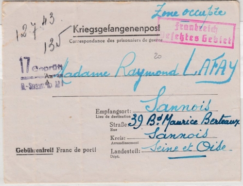 DR - Kriegsgefangenenbrief M-Stammlager XII A (Limburg) n. Frankreich 1943