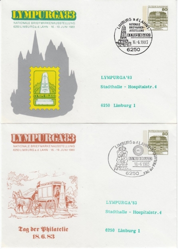 BRD - Limburg a.d. Lahn LYMPURGA'83, 4 versch. GA-Umschläge/Karte m. SST 1983