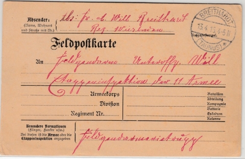 DR - Breithardt (Taunus) 1915, Feldpostkarte a. Etappeninspektion 11. Armee