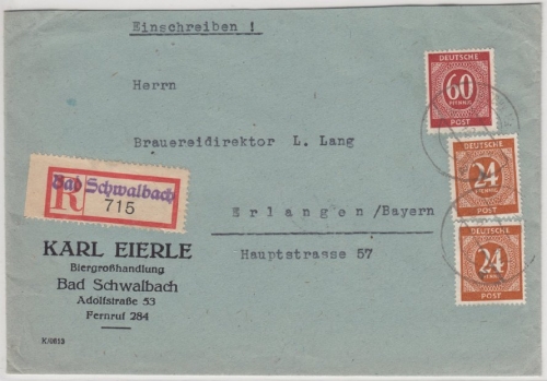 All.Bes./Kontrollrat - 60+2x24 Pfg. Ziffer, Einschreibebrief Bad Schwalbach 1946