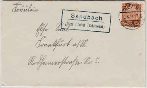 DR - Sandbach ü. Höchst (Odenwald) Landpost Ra2 Drucksache n. Frankfurt a.M.1937