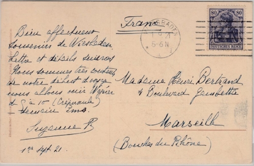 DR - 80 Pfg. Germania, Karte n. FRANKREICH, Wiesbaden - Marseille 1921