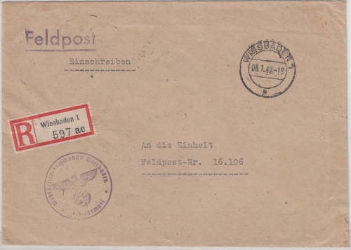 DR - Feldpost Einschreibebrief Wiesbaden - FpNr. 16106, 1942 - ohne Inhalt
