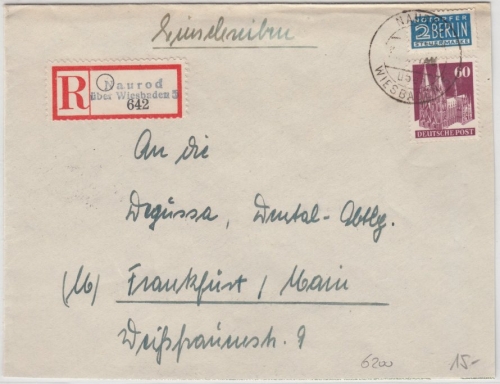 Bizone - Naurod ü. Wiesbaden 5, Poststelle I, Einschreibebrief n. Frankfurt 1951