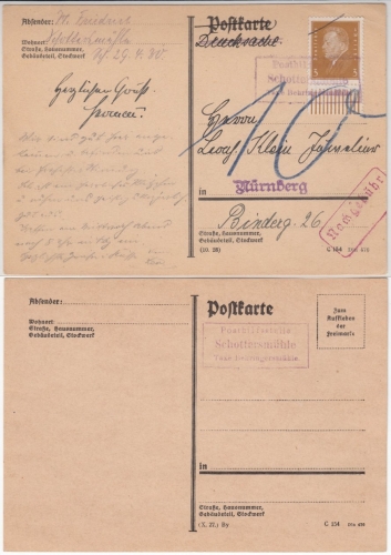DR - Schottersmühle T. Behringersmühle Posthilfstelle Ra3 Karte Nachgebühr 1930