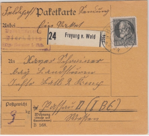 Bayern - Bierhütte T. Hohenau Posthilfstelle Ra3 Soldaten-Paketkarte 1916