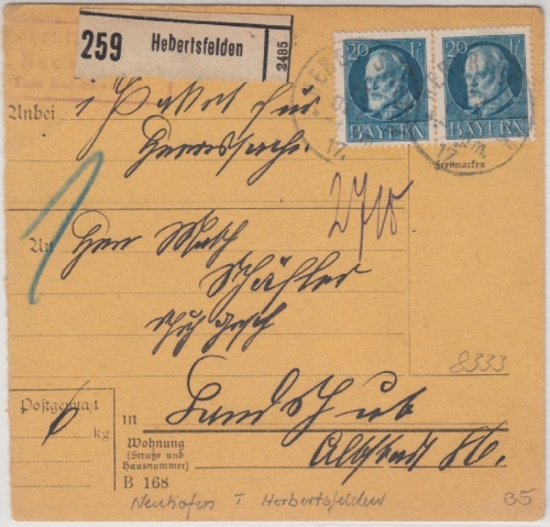 Bayern - Neuhofen T. Hebertsfelden Posthilfstellen-Ra3 Paketkarte 1917
