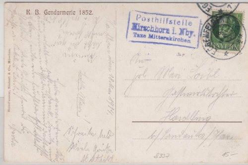 Bayern - Hirschhorn i. Nby T. Mitterskirchen, Posthilfstellen-Ra3 a. Karte 1915