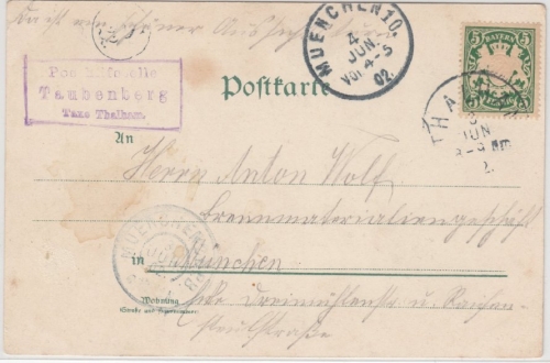 Bayern - Taubenberg T. Thalham, Posthilfstellen-Ra 3 a. entspr. AK 1902 n.