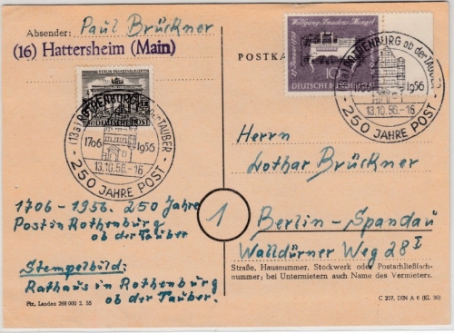 BRD - Rothenburg o. T. 250 J. Post, SST a. Karte n. Berlin 1956