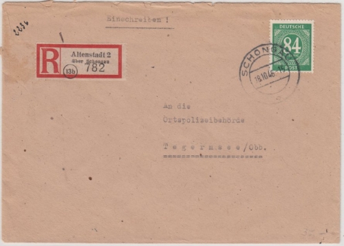 All.Bes./Kontrollrat - Altenstadt 2 ü. Schongau, Einschreibebrief 1946 v.
