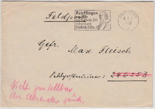 DR - Reutlingen Friedrich List, Masch.werbestempel, Feldpostbrief 1941/Retour