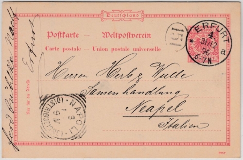 DR - Erfurt 4, glaskalrer K1 a. 10 Pfg. GA-Karte n. ITALIEN (Neapel) 1896