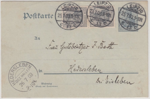 DR - Hedersleben (Bez. Halle) 1903, KOS a. 2 Pfg. Germania GA-Karte + Zusatz v.