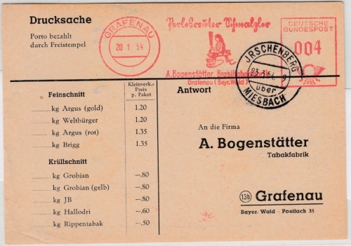BRD - 4 Pfg. AFS "Perlesreuter Schmalzler", Drucksache/Antwortkarte Irschenberg