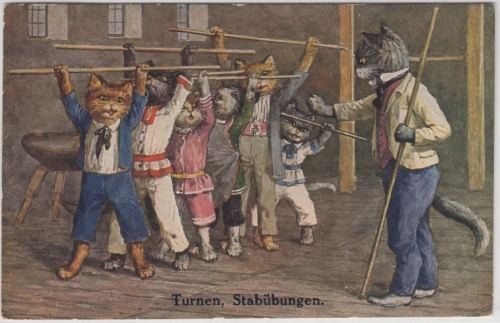 Katzen - Turnen, Stabübungen, farb. Ansichtskarte, gelaufen Peissenberg 1928