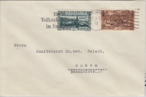 Saargebiet - 5 Fr. + 25 C. Freimarken/Abstimmung, Brief Saarbrücken 13.1.35
