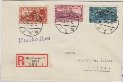 Saargebiet - 1,50 Fr. u.a. Freimarken/Abstimmung, Einschreibebrief Saarbrücken 2