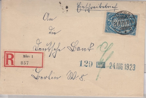 DR-Infla - 2000 M. Queroval, Einschreibebrief Mörs - Berlin 1923, ohne Inhalt