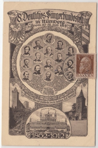 Bayern - Nürnberg 1912, 8. Dt. Sängerbundesfest, Sonder-AK bildseitig frankiert