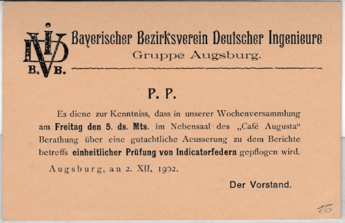 Bayern - Augsburg 1902, 2 Pfg. Rauten GA-Karte m. priv. Zudruck (BB VDI)