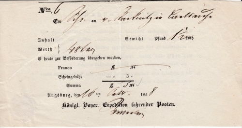 Bayern/Baden - Augsburg 1848, Fahrpost-Aufgabeschein (Ortsvrodruck) n. Carlsruhe