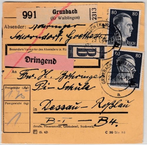 DR - 2x80+15 Pfg. AH, Dringend-Paketkarte Grunbach - Dessau 1944