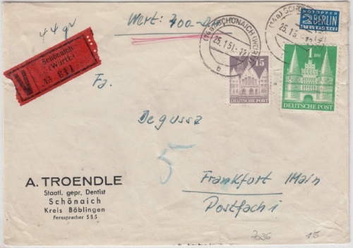 Bizone - 1 M. + 15 Pfg. Bauten, Wertbrief Schönaich - Frankfurt a.M. 1951