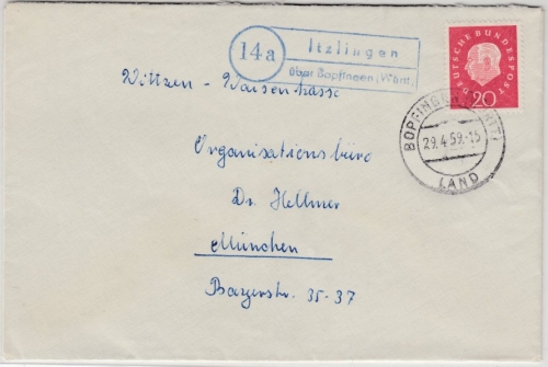 BRD - (14a) Itzlingen ü. Bopfingen, Landpost-Ra2 a. Brief n. München 1959