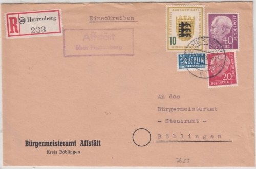 BRD - Affstätt ü. Böblingen, Landpost-Ra2 a. Einschreibebrief n. Böblingen 1955