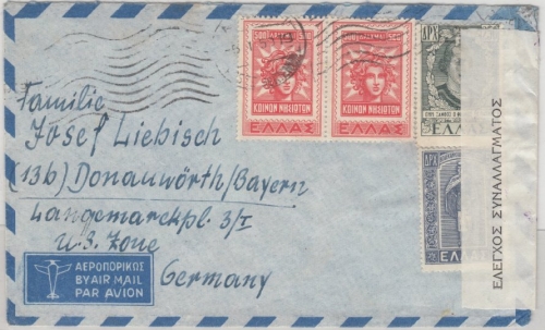 Griechenland - Zensurbrief Athen - Donauwörth 1950, griech. Zensurverschluss