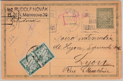 Tschechoslowakei - 50 H. GA-Karte/Nachporto n. FRANKREICH, Pilsen - Lyon 1928