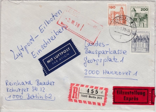 Berlin - 200+190+10 Pfg. B&S, Lupo-Eilboten-Einschreibebrief Berlin - Hannover