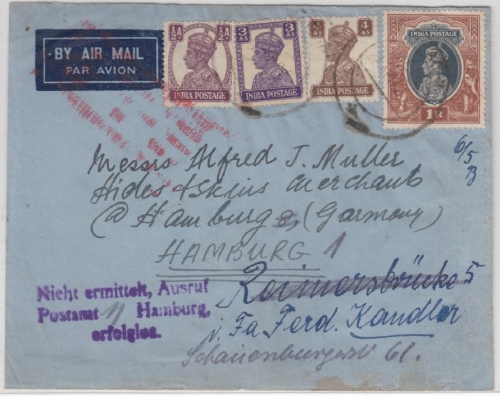Pakistan/Indien - Luftpostbrief v. Karachi n. Hamburg 1948, ind. Frankatur !