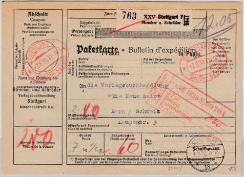 DR - Stuttgart 7, Selbstbucher-Paketkarte (Strecker & Schröder) i.d.SCHWEIZ 1930