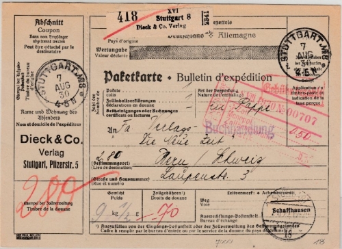 DR - Stuttgart 8, Selbstbucher-Paketkarte (Dieck & Co. Verlag) i.d.SCHWEIZ 1930