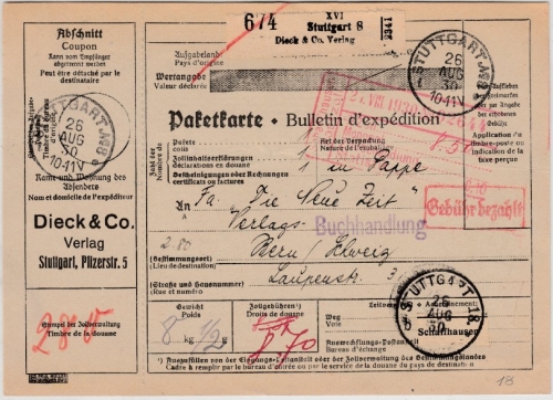 DR - Stuttgart 8, Selbstbucher-Paketkarte (Dieck & Co. Verlag) i.d.SCHWEIZ 1930