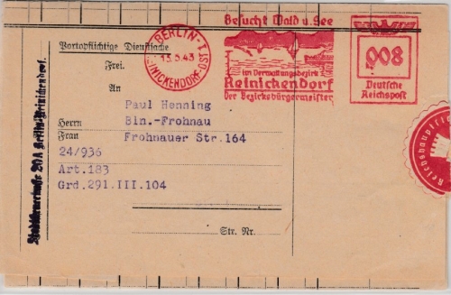 DR - 8 Pfg. AFS "Verwaltungsbezirk Reinickendorf", Ortsbrief Berlin 1943