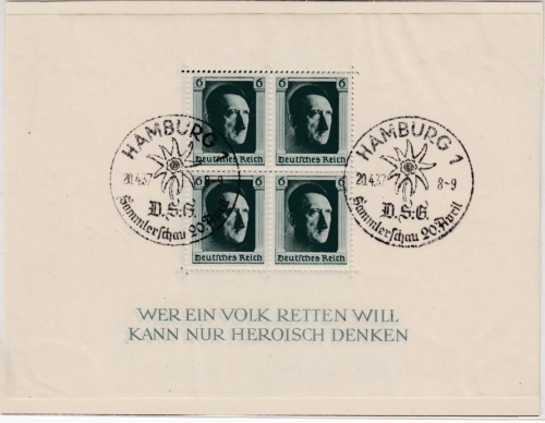 DR - Blockausgabe 48. Geburtstag AH, Briefstück m. SST Hamburg DSG 1937
