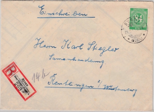 All.Bes./Kontrollrat - 84 Pfg. Ziffer, Einschreibebrief Syrau - Reutlingen 1947