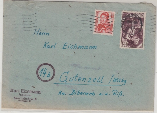 BRD - 14 Fr. Gießerei u.a., Brief Saarbrücken - Gutenzell 1948