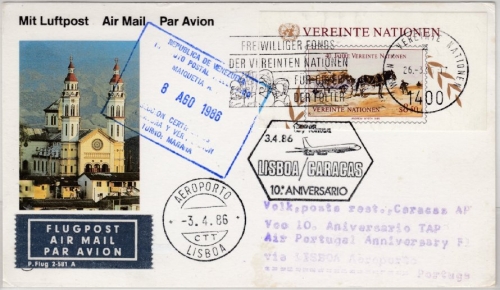 UNO Wien/Portugal - Lupo-Karte/Zuleitung TAP 1st-Flug Lisboa - Caracas 1986