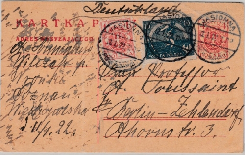Polen - 4 Mk. GA-Karte+Zusatz, Jiasionna (ehem. Waldheim - Posen) - Berlin 1920