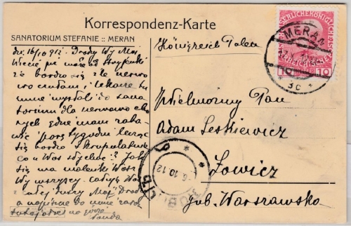 Österreich - 10 H. Franz-Joseph, Karte n. POLEN, Meran - Lowicz 1912