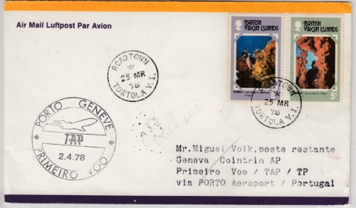 British Virgin Islands - LupoBrief Zuleitung TAP 1st flight Porto - Genf 1978