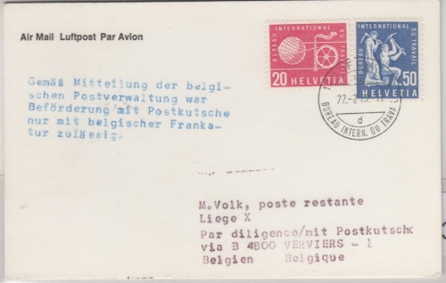 Schweiz/BIT - Zuleitung Postkutschen-Post Verviers - Lüttich (Belgien) 1982