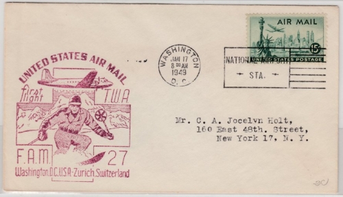USA - TWA 1st-Flight Washington - Zürich (Schweiz) 1949, ohne Inhalt