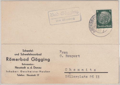 DR - Bad Gögging ü. Abensberg, Landpost-Ra2 a. Karte n. Chemnitz 1940